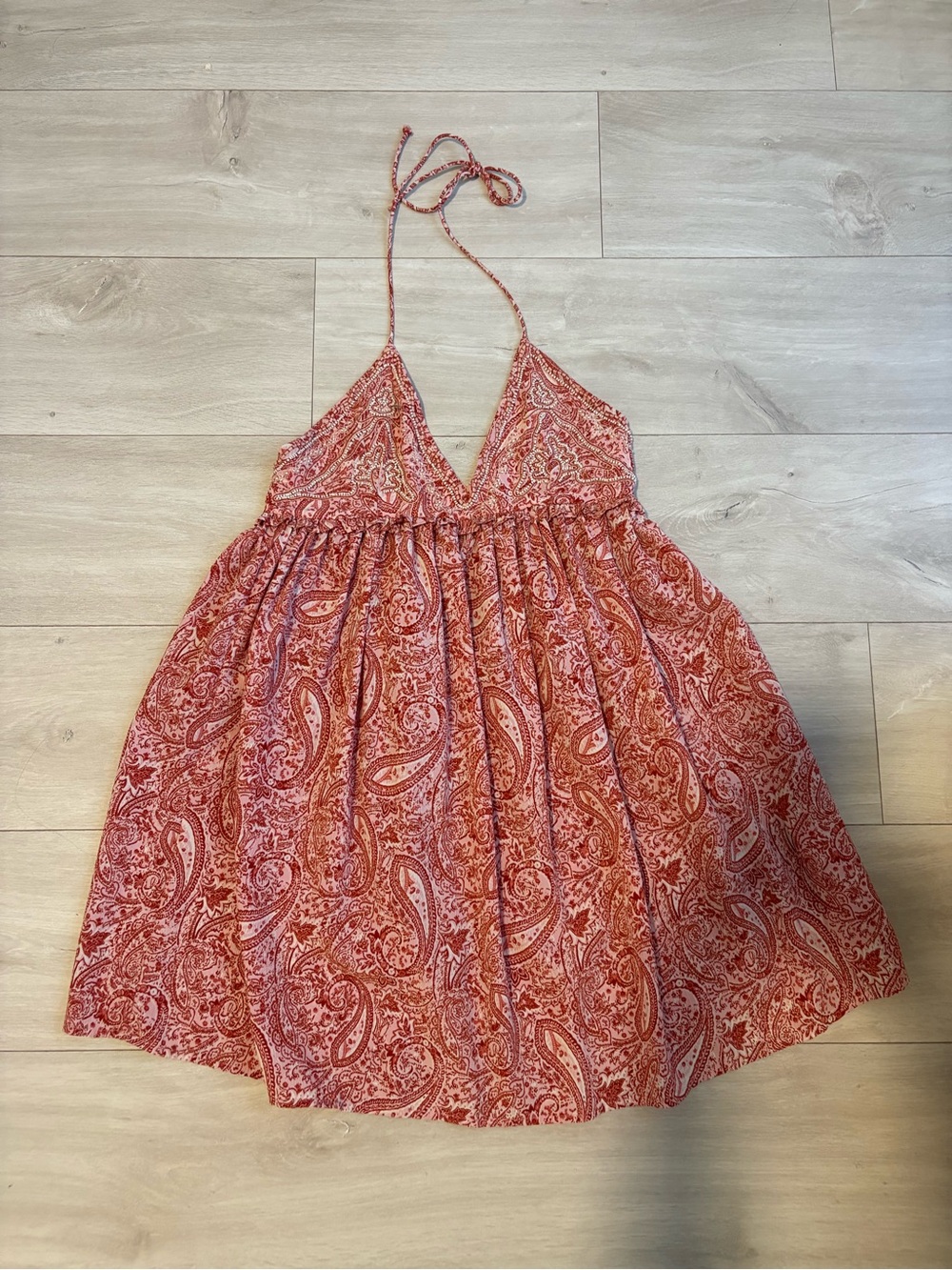 Zara Beaded Paisley Printed Halter Mini Dress
